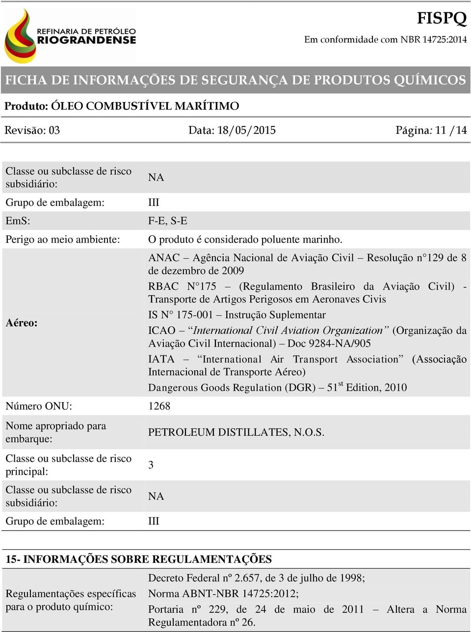 ANAC Agência Nacional de Aviação Civil Resolução n 129 de 8 de dezembro de 2009 RBAC N 175 (Regulamento Brasileiro da Aviação Civil) - Transporte de Artigos Perigosos em Aeronaves Civis IS N 175-001