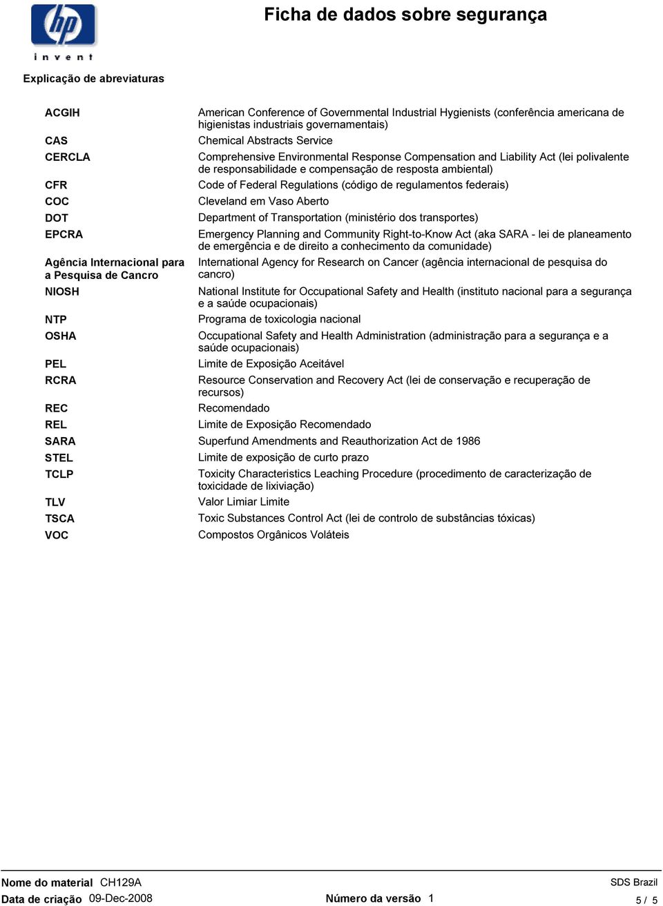 (lei polivalente de responsabilidade e compensação de resposta ambiental) Code of Federal Regulations (código de regulamentos federais) Cleveland em Vaso Aberto Department of Transportation