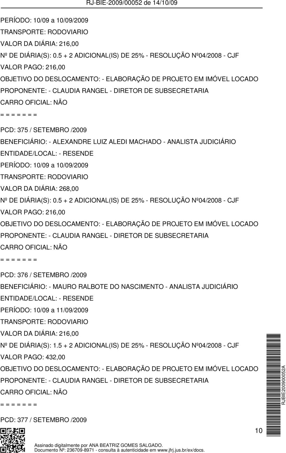 ALEXANDRE LUIZ ALEDI MACHADO - ANALISTA JUDICIÁRIO ENTIDADE/LOCAL: - RESENDE PERÍODO: 10/09 a 10/09/2009 VALOR DA DIÁRIA: 268,00 Nº DE DIÁRIA(S): 0.