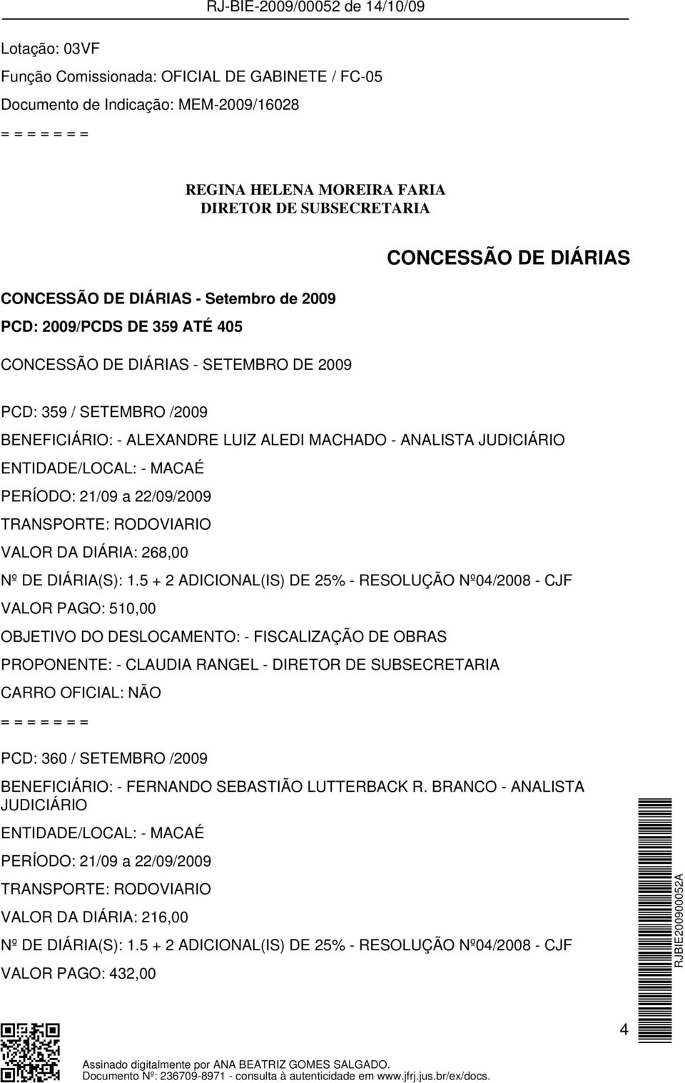 LUIZ ALEDI MACHADO - ANALISTA JUDICIÁRIO ENTIDADE/LOCAL: - MACAÉ PERÍODO: 21/09 a 22/09/2009 VALOR DA DIÁRIA: 268,00 VALOR PAGO: 510,00 OBJETIVO DO DESLOCAMENTO: -