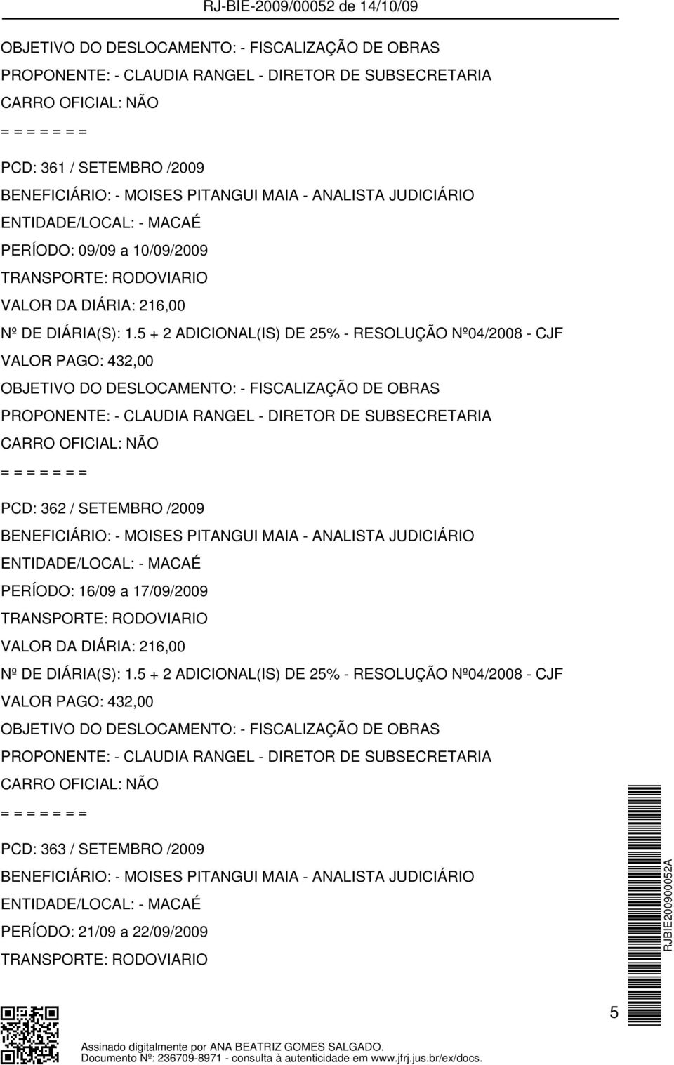 BENEFICIÁRIO: - MOISES PITANGUI MAIA - ANALISTA JUDICIÁRIO ENTIDADE/LOCAL: - MACAÉ PERÍODO: 16/09 a 17/09/2009 OBJETIVO DO DESLOCAMENTO: -