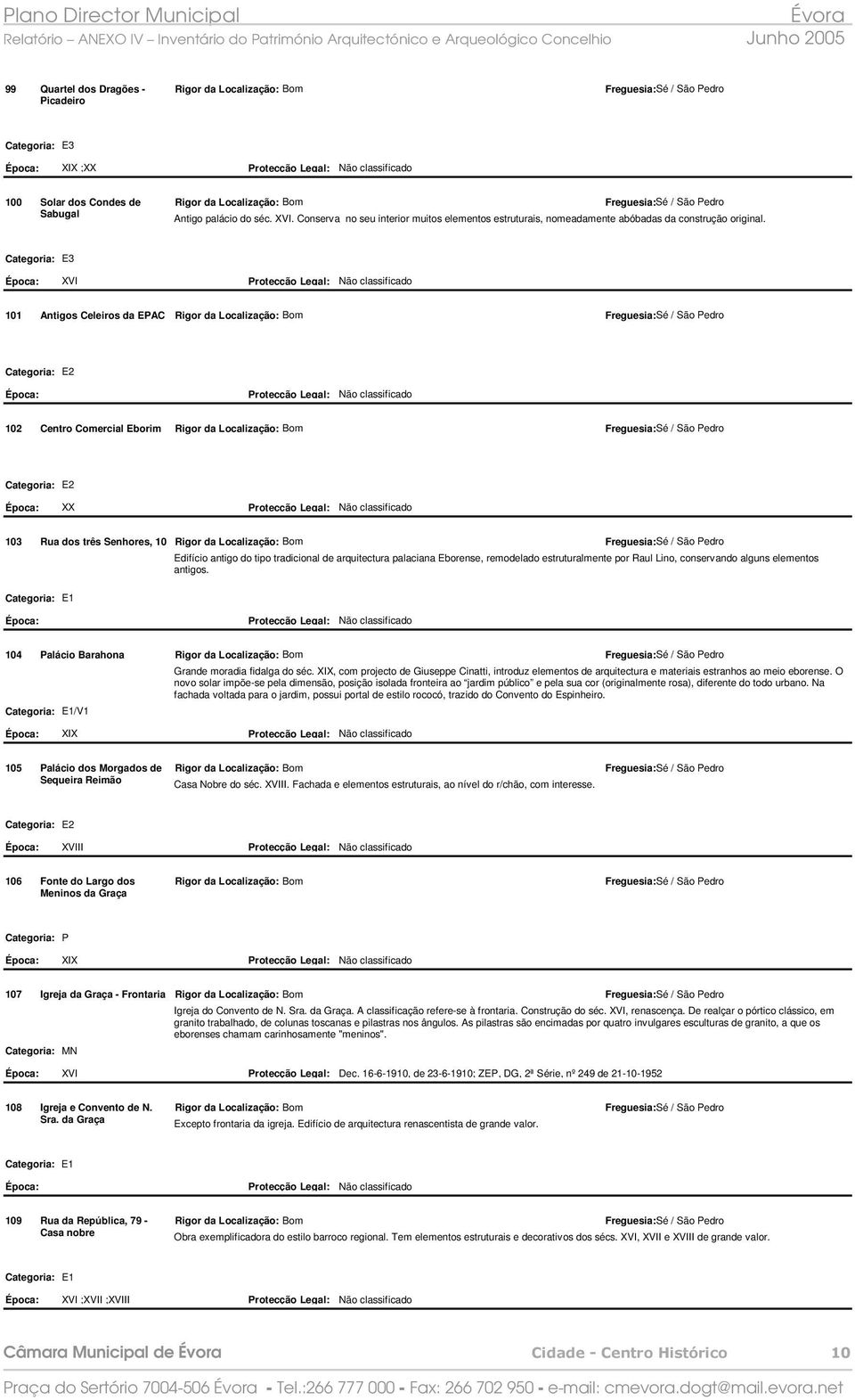 Categoria: E3 XVI 101 Antigos Celeiros da EPAC 102 Centro Comercial Eborim XX 103 Rua dos três Senhores, 10 Categoria: E1 Edifício antigo do tipo tradicional de arquitectura palaciana Eborense,