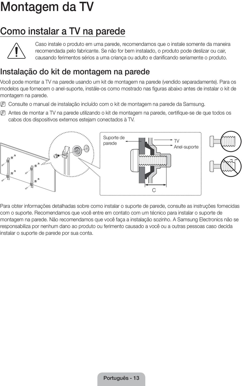 Instalação do kit de montagem na parede Você pode montar a TV na parede usando um kit de montagem na parede (vendido separadamente).