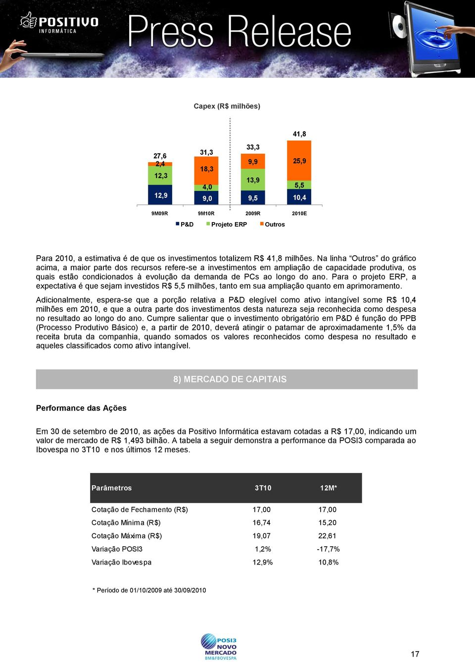 Na linha Outros do gráfico acima, a maior parte dos recursos refere-se a investimentos em ampliação de capacidade produtiva, os quais estão condicionados à evolução da demanda de PCs ao longo do ano.