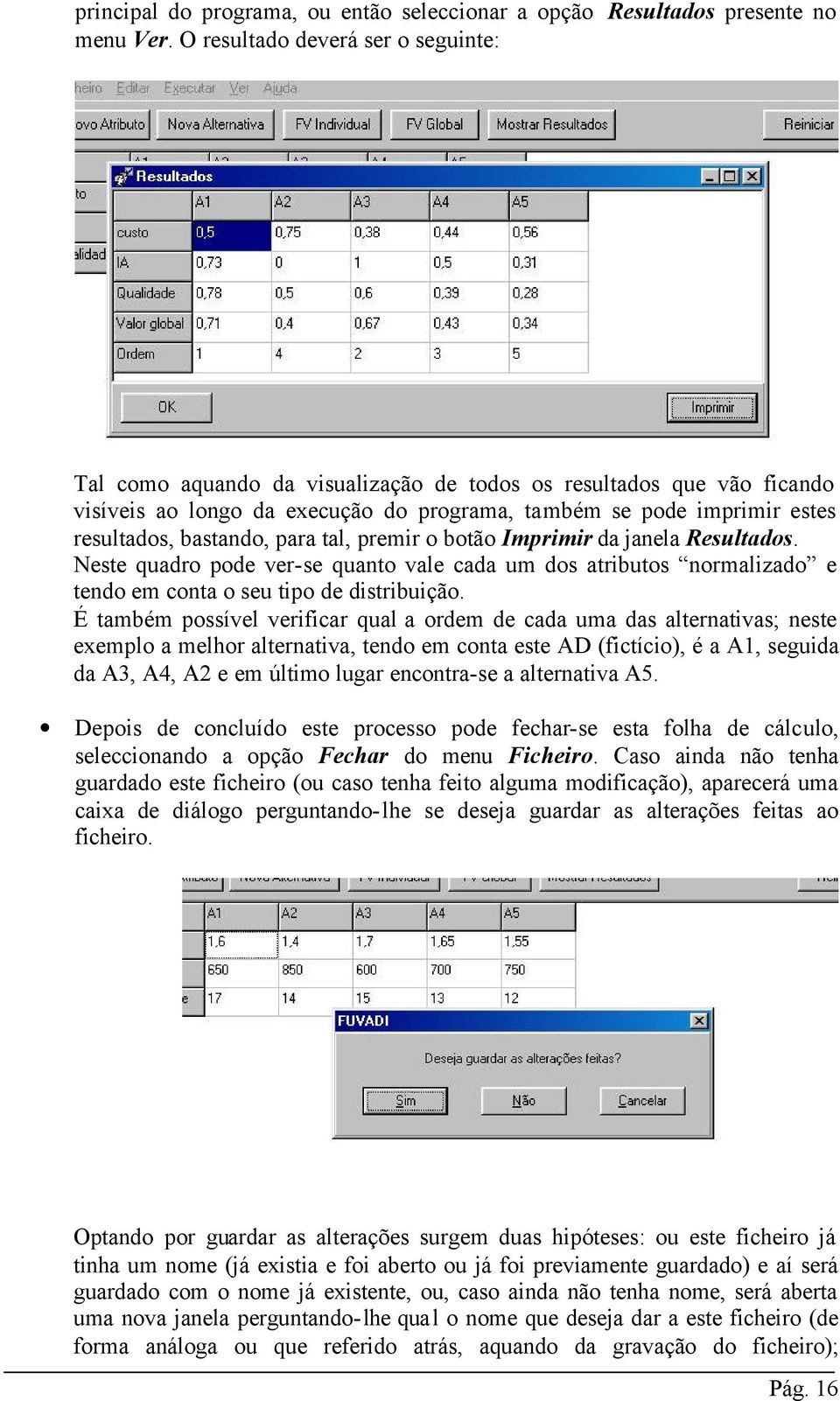 bastando, para tal, premir o botão Imprimir da janela Resultados. Neste quadro pode ver-se quanto vale cada um dos atributos normalizado e tendo em conta o seu tipo de distribuição.