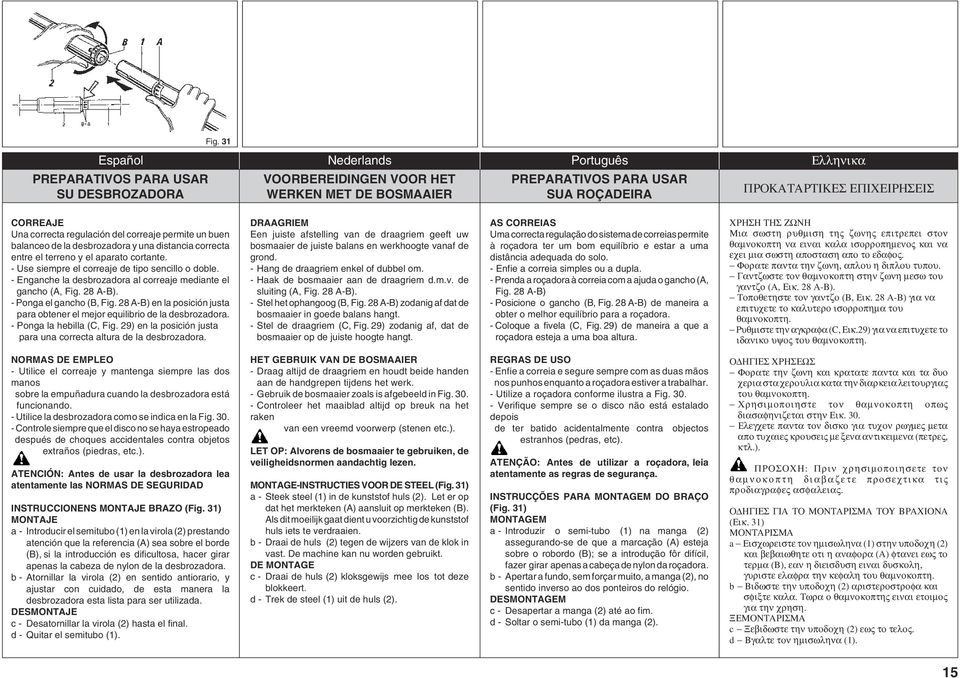 una distancia correcta entre el terreno y el aparato cortante. - Use siempre el correaje de tipo sencillo o doble. - Enganche la desbrozadora al correaje mediante el gancho (A, Fig. 28 A-B).