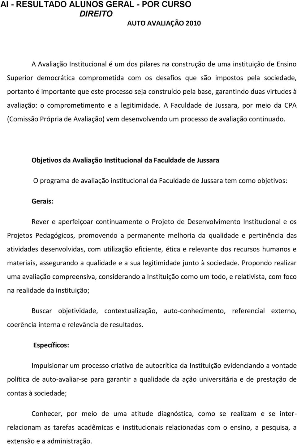 A Faculdade de Jussara, por meio da CPA (Comissão Própria de Avaliação) vem desenvolvendo um processo de avaliação continuado.