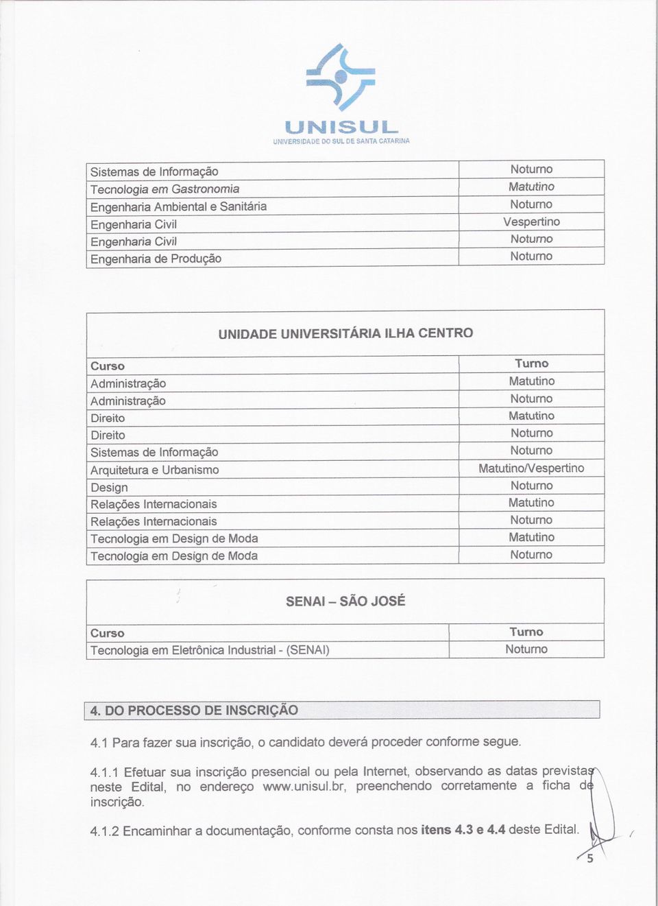 Design de Moda Tecnologia em Design de Moda Turno Nespertino /, SENAI - SÃO JOSÉ Curso Tecnologiaem EletrônicaIndustrial- (SENAI) Turno 4. DO PROCESSO DE INSCRiÇÃO 4.