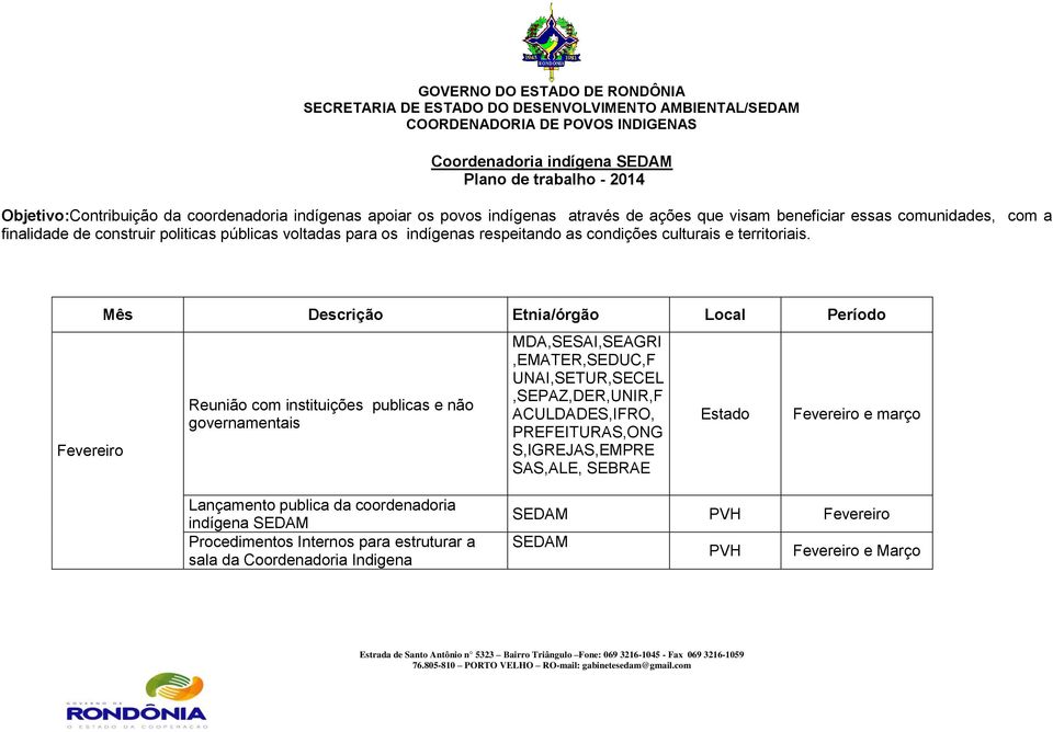 Fevereiro Mês Descrição Etnia/órgão Local Período Reunião com instituições publicas e não governamentais MDA,SESAI,SEAGRI,EMATER,SEDUC,F UNAI,SETUR,SECEL,SEPAZ,DER,UNIR,F