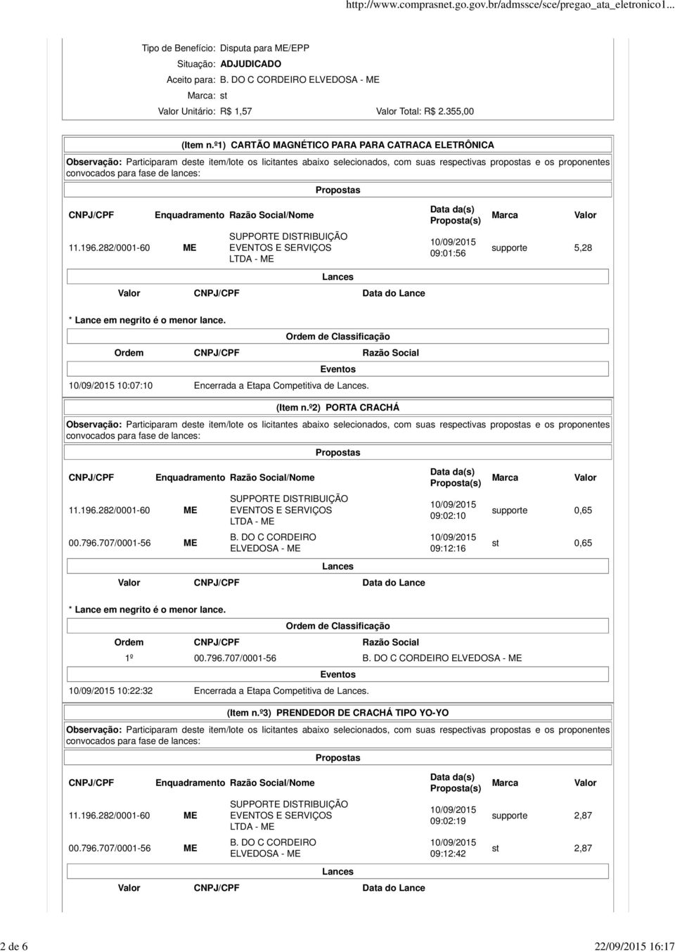 º2) PORTA CRACHÁ 00.796.707/0001-56 ME B. DO C CORDEIRO 09:02:10 09:12:16 supporte 0,65 st 0,65 Ordem Razão Social 1º 00.796.707/0001-56 B.