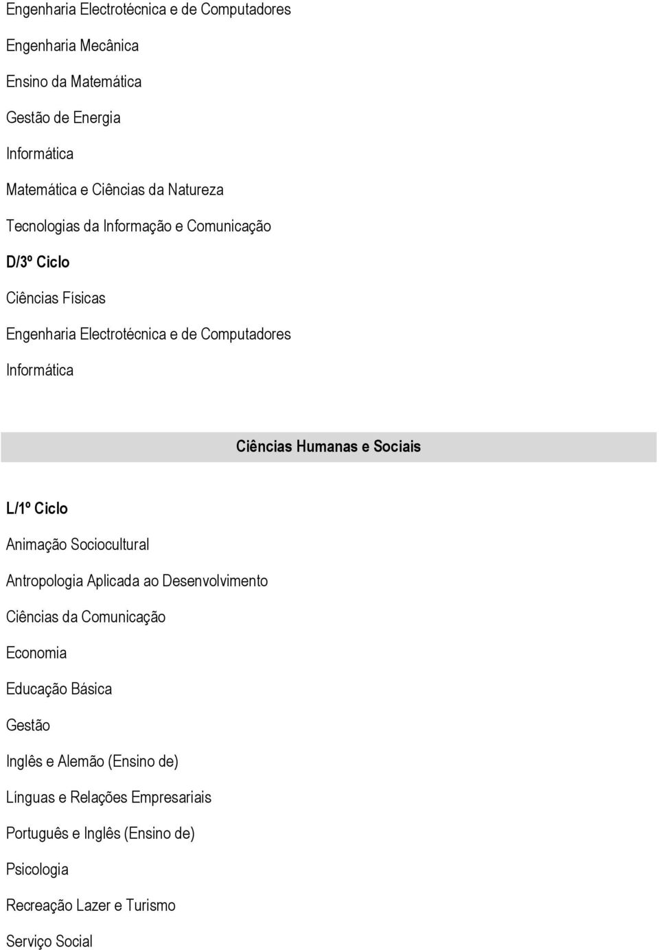 Ciências Humanas e Sociais Animação Sociocultural Antropologia Aplicada ao Desenvolvimento Ciências da Comunicação Economia Educação Básica