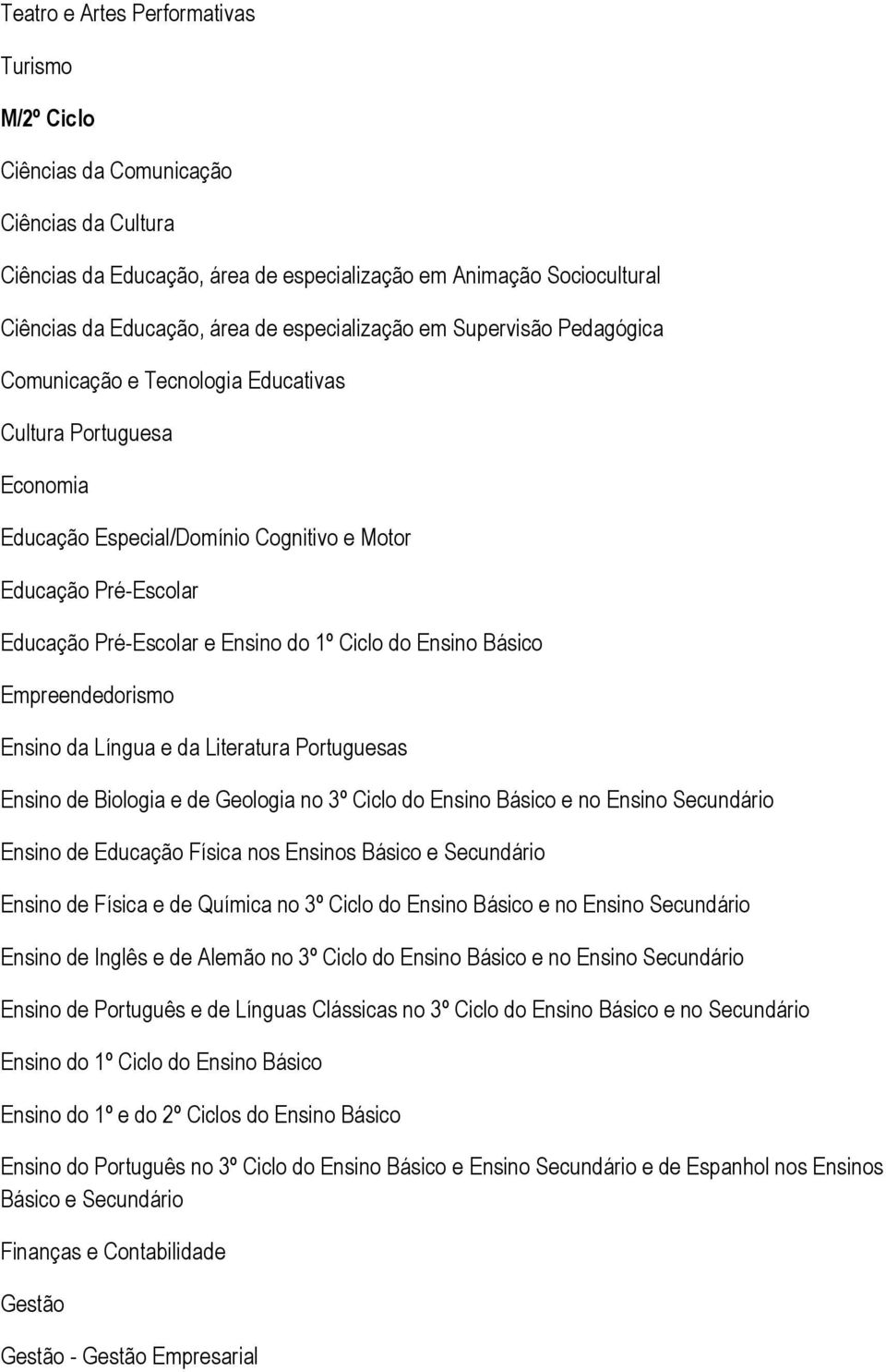 Ensino Básico Empreendedorismo Ensino da Língua e da Literatura Portuguesas Ensino de Biologia e de Geologia no 3º Ciclo do Ensino Básico e no Ensino Secundário Ensino de Educação Física nos Ensinos