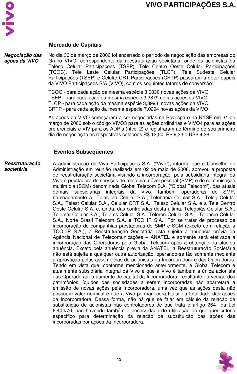 Participações (CRTP) passaram a deter papéis da VIVO Participações S/A (VIVO), com os seguintes fatores de conversão: TCOC - para cada ação da mesma espécie 3,0830 novas ações da VIVO TSEP - para