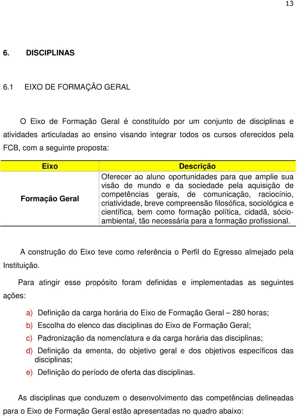 proposta: Eixo Formação Geral Descrição Oferecer ao aluno oportunidades para que amplie sua visão de mundo e da sociedade pela aquisição de competências gerais, de comunicação, raciocínio,