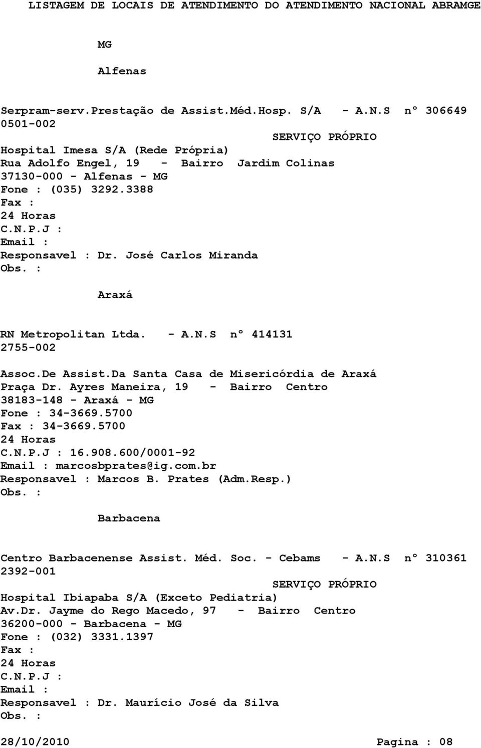 José Carlos Miranda Araxá RN Metropolitan Ltda. - A.N.S nº 414131 2755-002 Assoc.De Assist.Da Santa Casa de Misericórdia de Araxá Praça Dr.