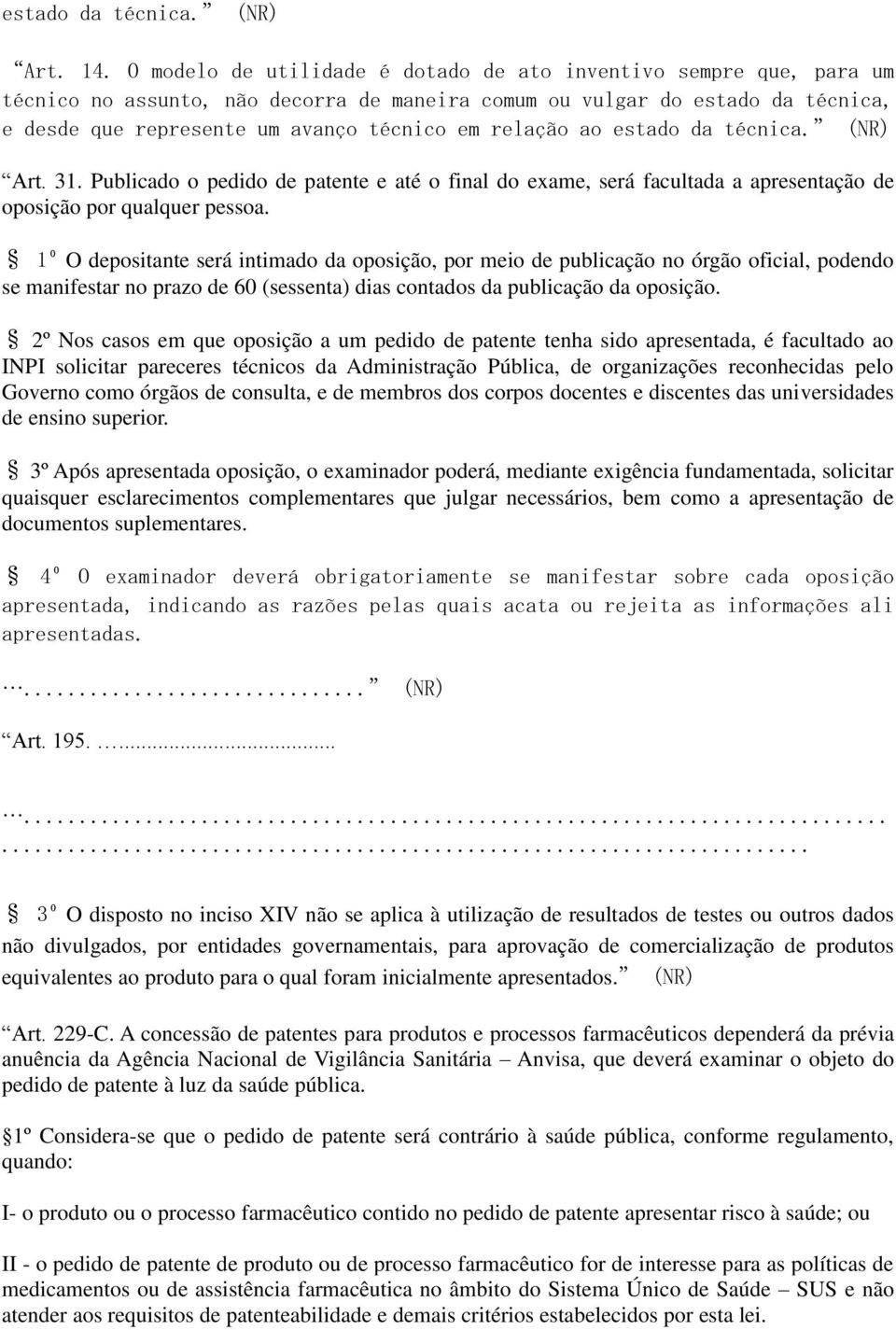 relação ao estado da técnica. (NR) Art. 31. Publicado o pedido de patente e até o final do exame, será facultada a apresentação de oposição por qualquer pessoa.