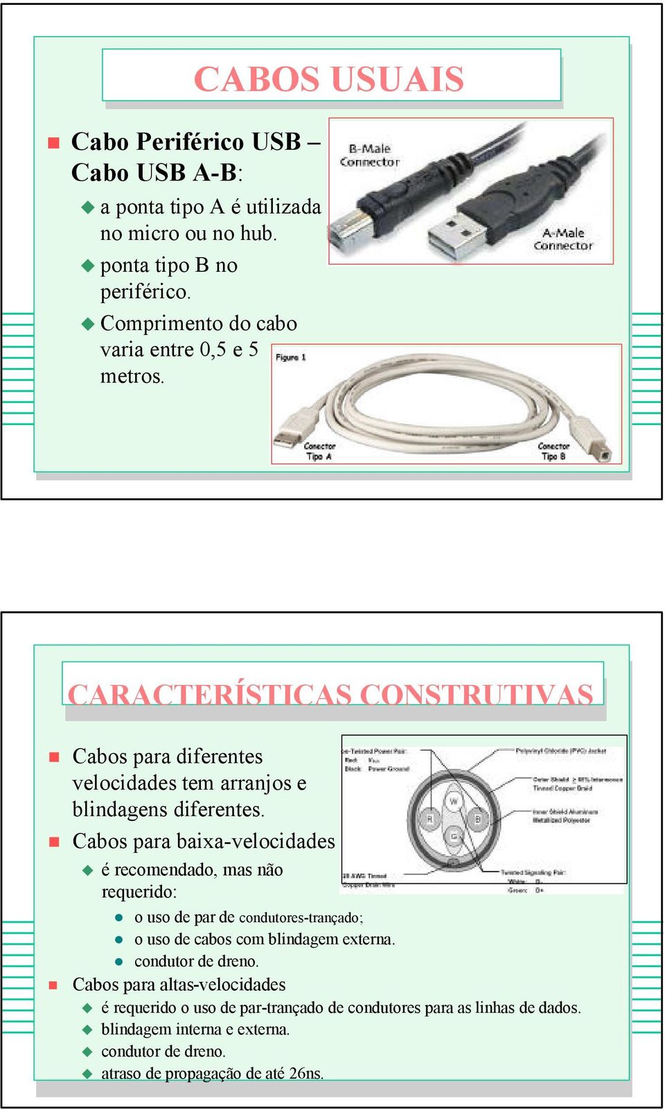 Cabos para baixa-velocidades é recomendado, mas não requerido: o uso de par de condutores-trançado; o uso de cabos com blindagem externa.