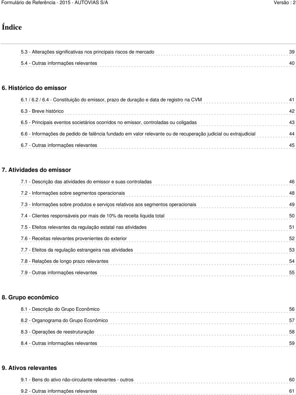 6 - Informações de pedido de falência fundado em valor relevante ou de recuperação judicial ou extrajudicial 44 6.7 - Outras informações relevantes 45 7. Atividades do emissor 7.