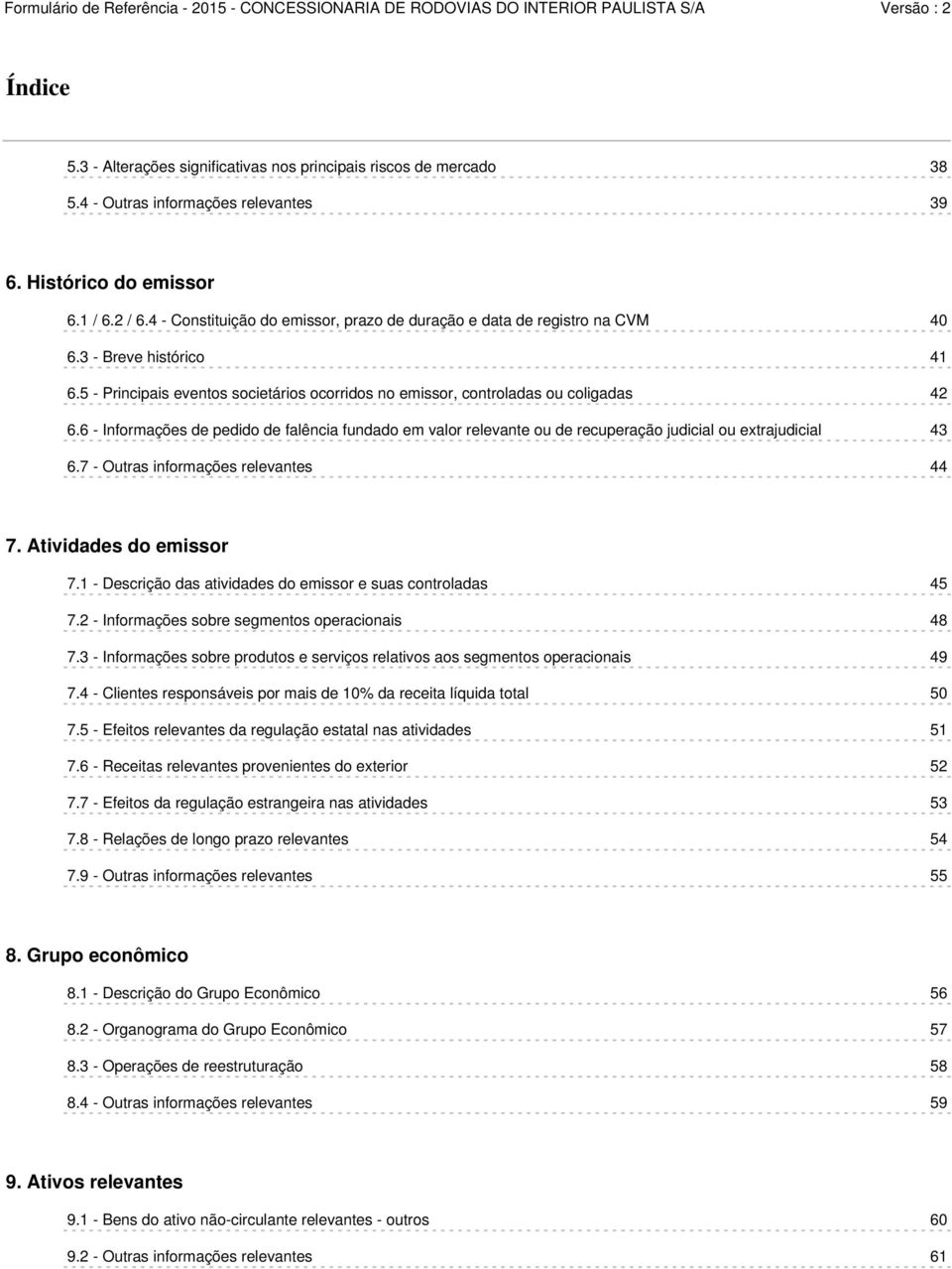 6 - Informações de pedido de falência fundado em valor relevante ou de recuperação judicial ou extrajudicial 43 6.7 - Outras informações relevantes 44 7. Atividades do emissor 7.