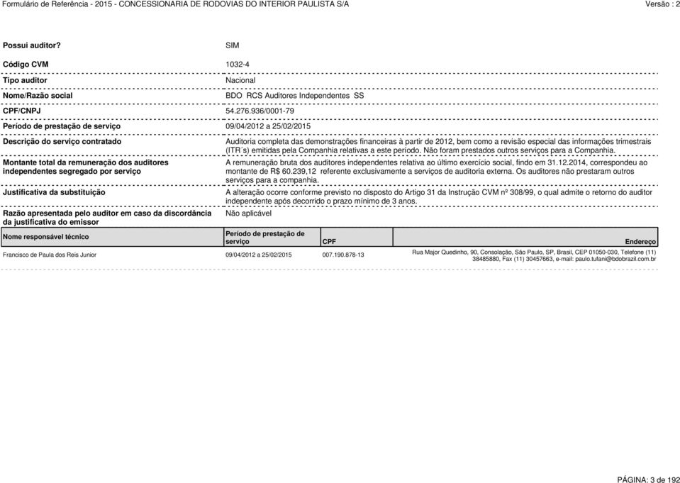 substituição Razão apresentada pelo auditor em caso da discordância da justificativa do emissor Nome responsável técnico Não aplicável Francisco de Paula dos Reis Junior 09/04/2012 a 25/02/2015 007.