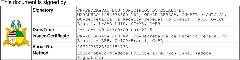Fri Oct 09 04:00:09 BRT 2015 Issuer-Certificate CN=AC SERASA RFB v2, OU=Secretaria da Receita Federal do Brasil -