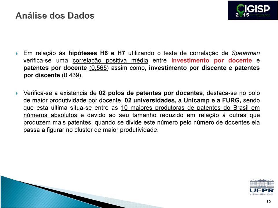 Verifica-se a existência de 02 polos de patentes por docentes, destaca-se no polo de maior produtividade por docente, 02 universidades, a Unicamp e a FURG, sendo que esta