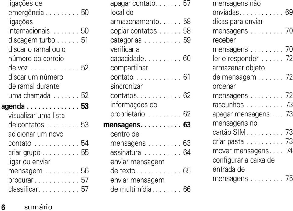 ........... 57 classificar........... 57 6 sumário apagar contato....... 57 local de armazenamento...... 58 copiar contatos...... 58 categorias.......... 59 verificar a capacidade.