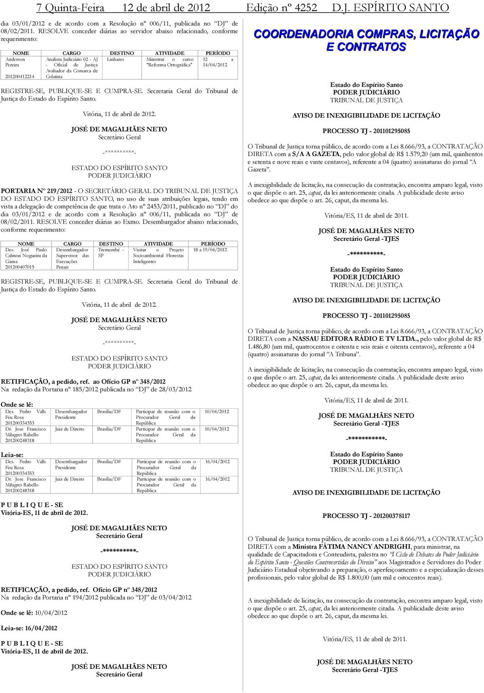 201200412214 - Oficial de Justiça Avaliador da Comarca de Colatina "Reforma Ortográfica" 14/04/2012 REGISTRE-SE, PUBLIQUE-SE E CUMPRA-SE.