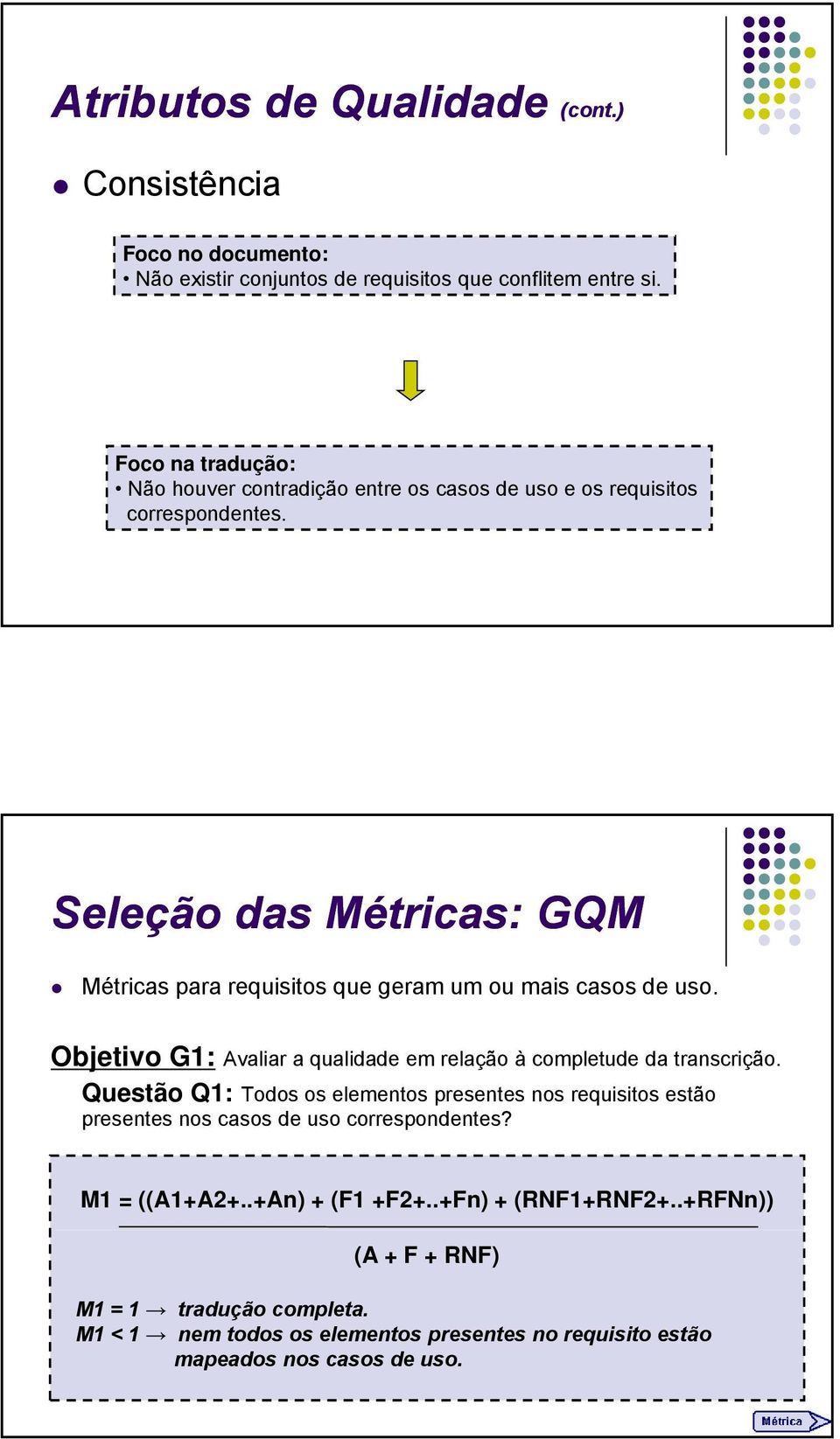 Seleção das Métricas: GQM Métricas para requisitos que geram um ou mais casos de uso. Objetivo G1: Avaliar a qualidade em relação à completude da transcrição.