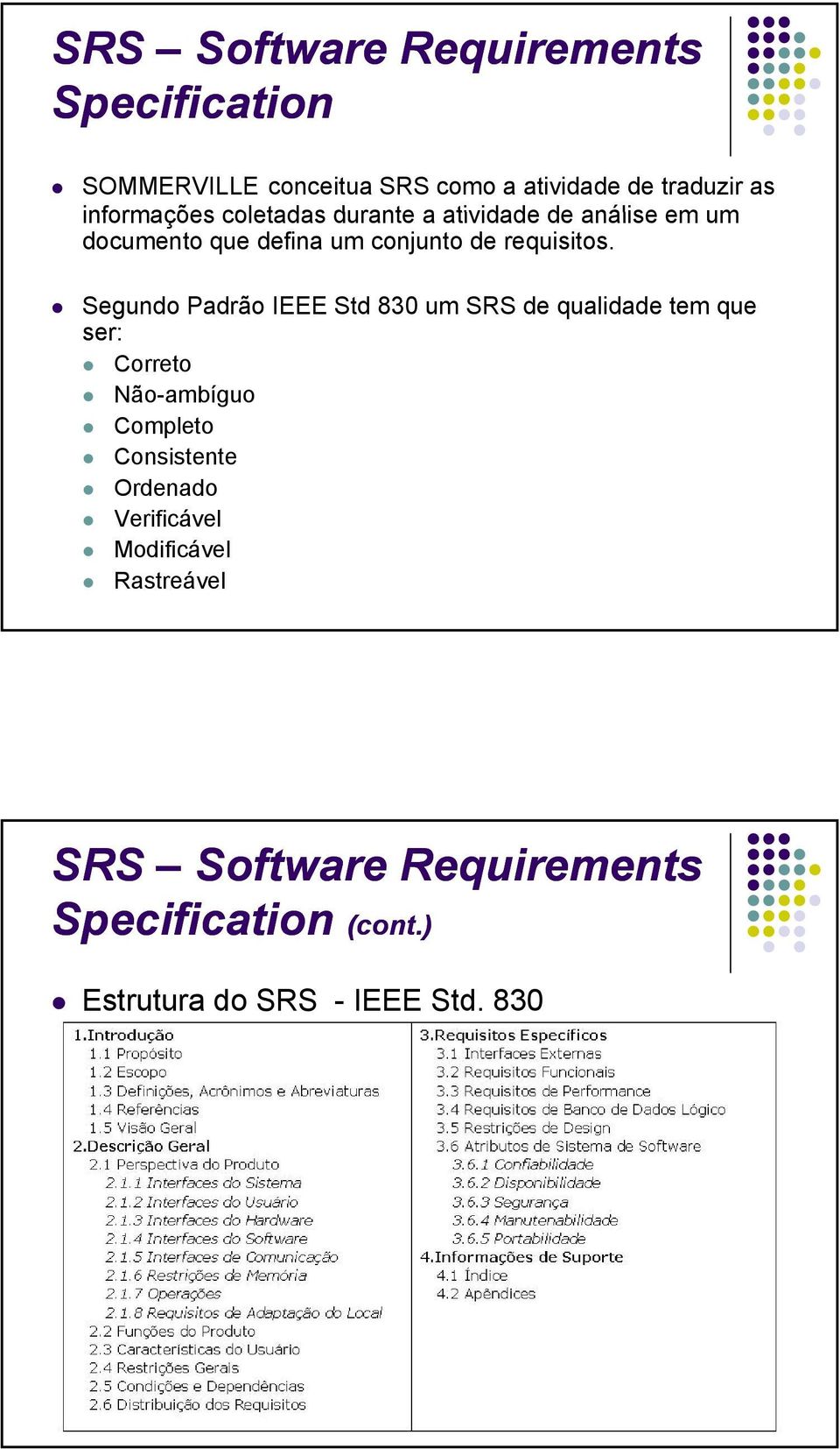 Segundo Padrão IEEE Std 830 um SRS de qualidade tem que ser: Correto Não-ambíguo Completo Consistente