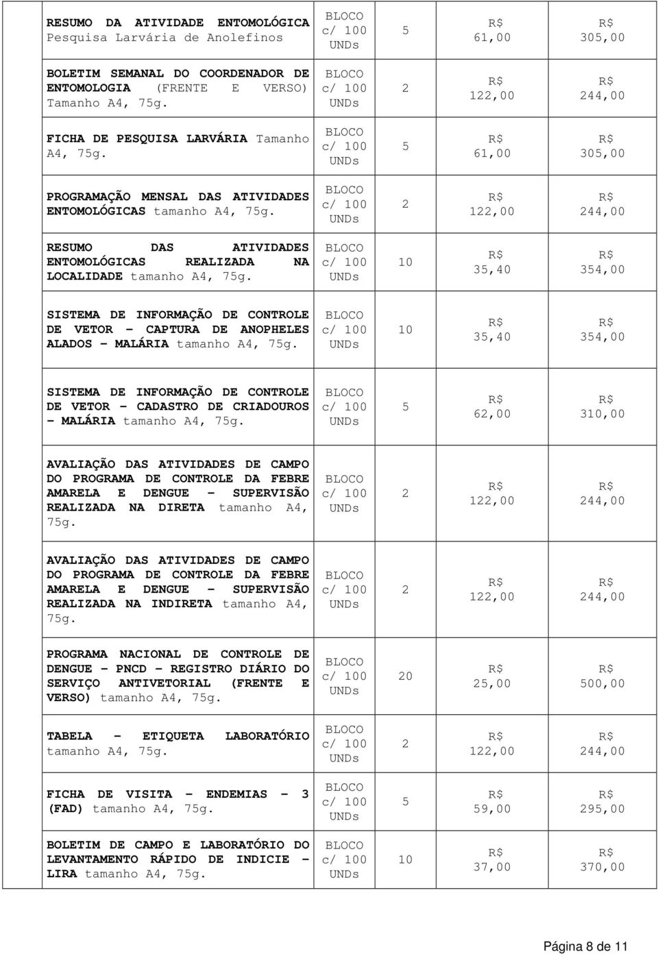 2 122,00 244,00 RESUMO DAS ATIVIDADES ENTOMOLÓGICAS REALIZADA NA LOCALIDADE tamanho A4, 7g.