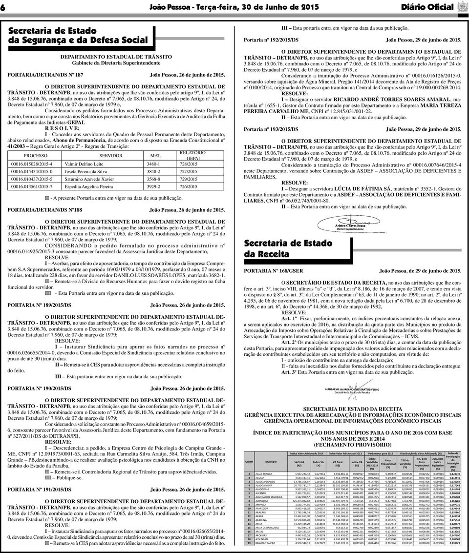 O DIRETOR SUPERINTENDENTE DO DEPARTAMENTO ESTADUAL DE TRÂNSITO - DETRAN/PB, no uso das atribuições que lhe são conferidas pelo artigo 9º, I, da Lei nº.88 de 5.06.76, combinado com o Decreto nº 7.