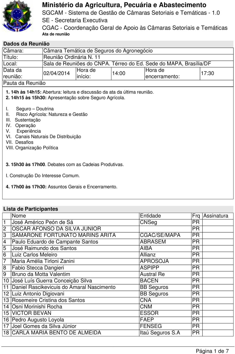 14h15 às 15h30: Apresentação sobre Seguro Agrícola. I. Seguro Doutrina II. Risco Agrícola: Natureza e Gestão III. Sustentação IV. Operação V. Experiência VI. Canais Naturais De Distribuição VII.