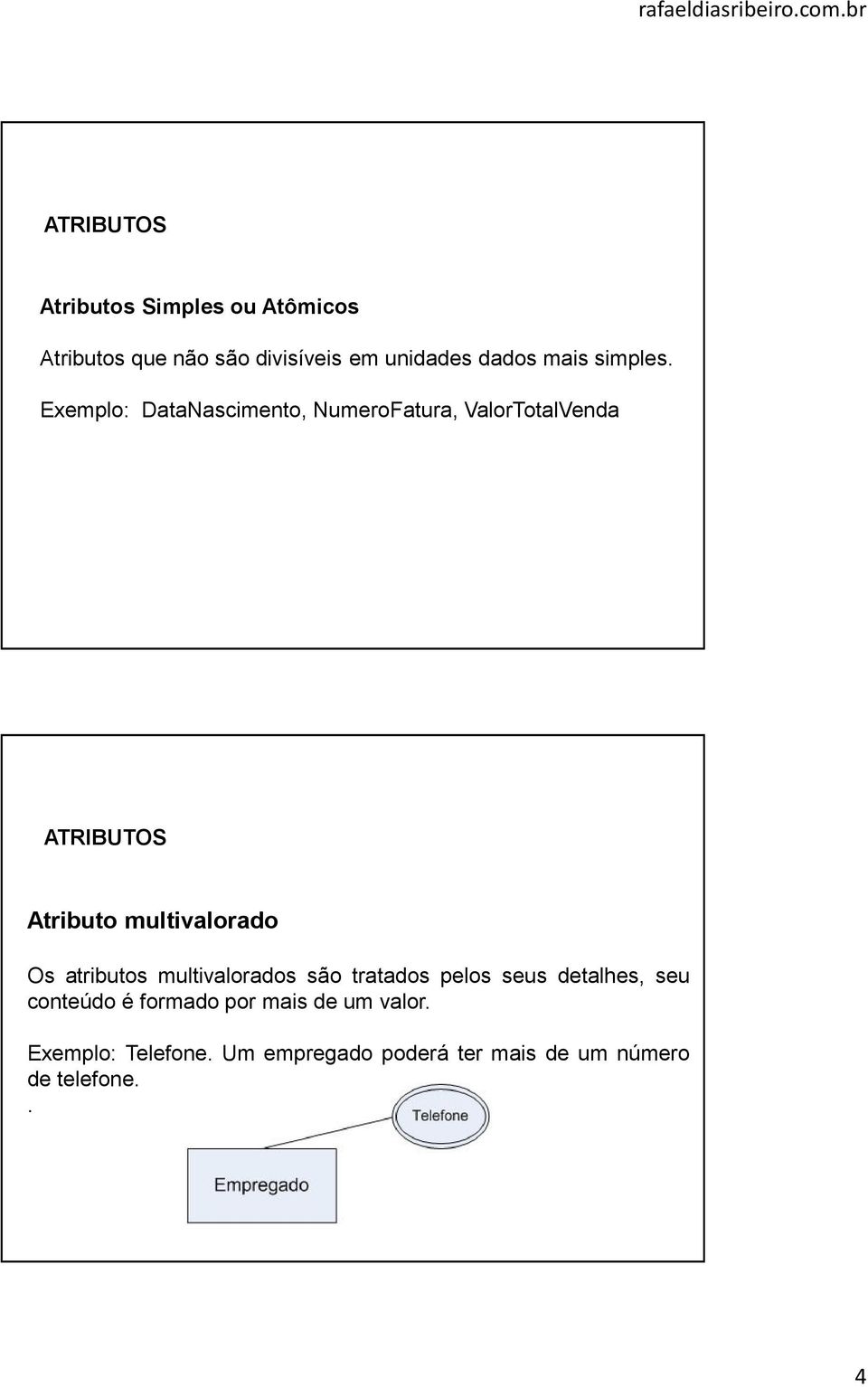 Exemplo: DataNascimento, NumeroFatura, ValorTotalVenda Atributo multivalorado Os