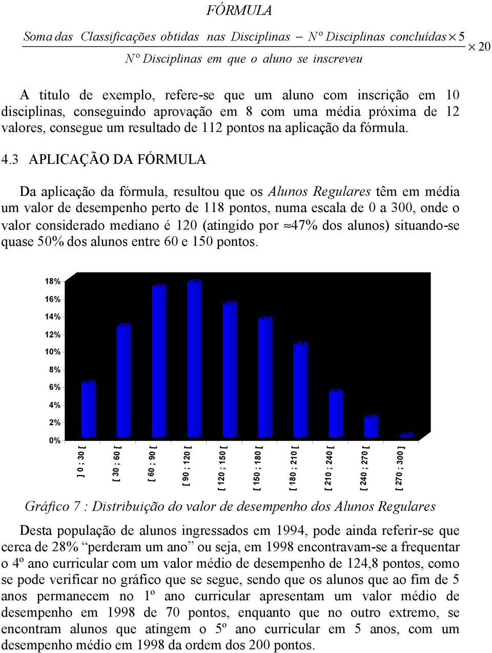 3 APLICAÇÃO DA FÓRMULA Da aplicação da fórmula, resultou que os Alunos Regulares têm em média um valor de desempenho perto de 118 pontos, numa escala de 0 a 300, onde o valor considerado mediano é