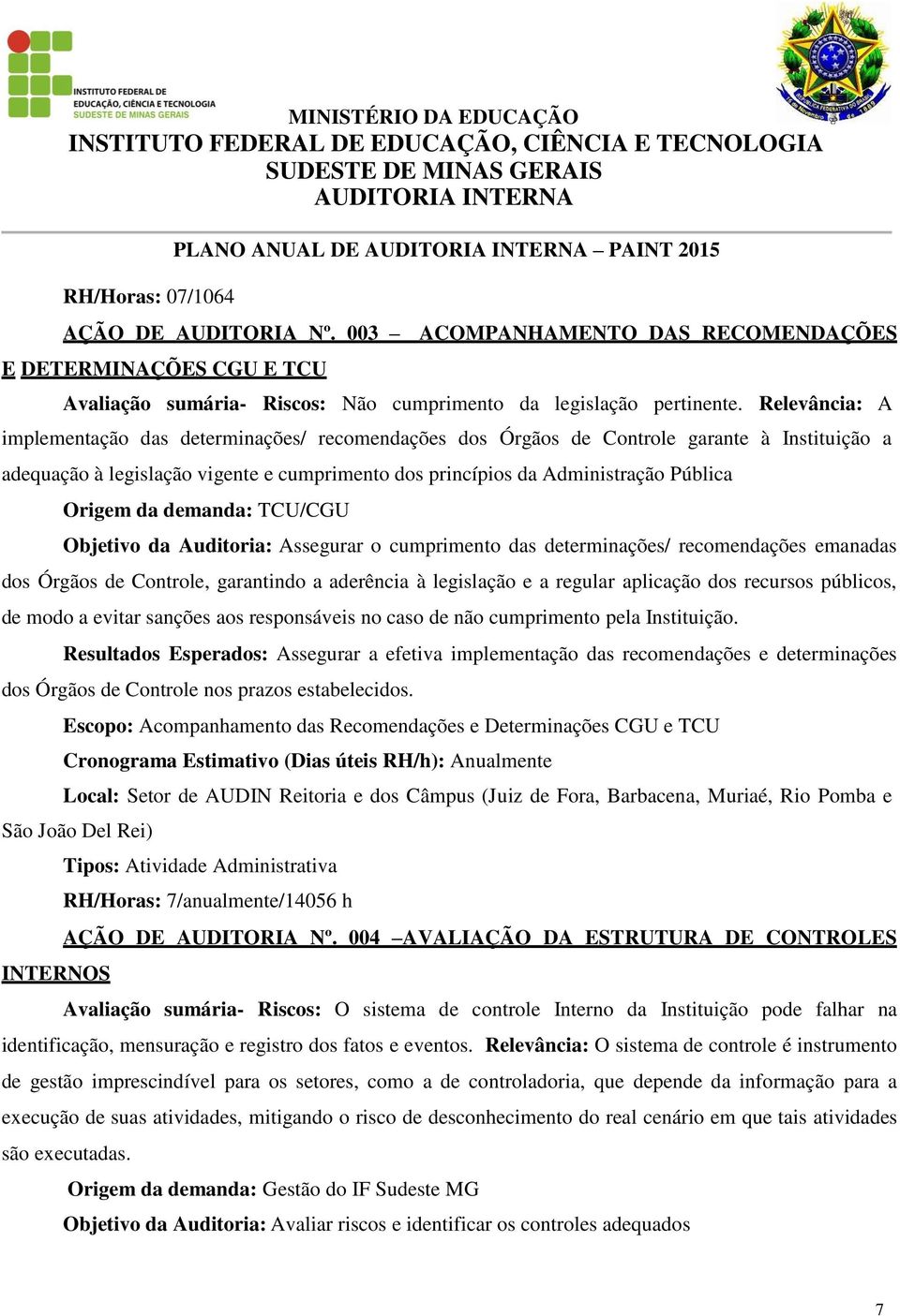 da demanda: TCU/CGU Objetivo da Auditoria: Assegurar o cumprimento das determinações/ recomendações emanadas dos Órgãos de Controle, garantindo a aderência à legislação e a regular aplicação dos