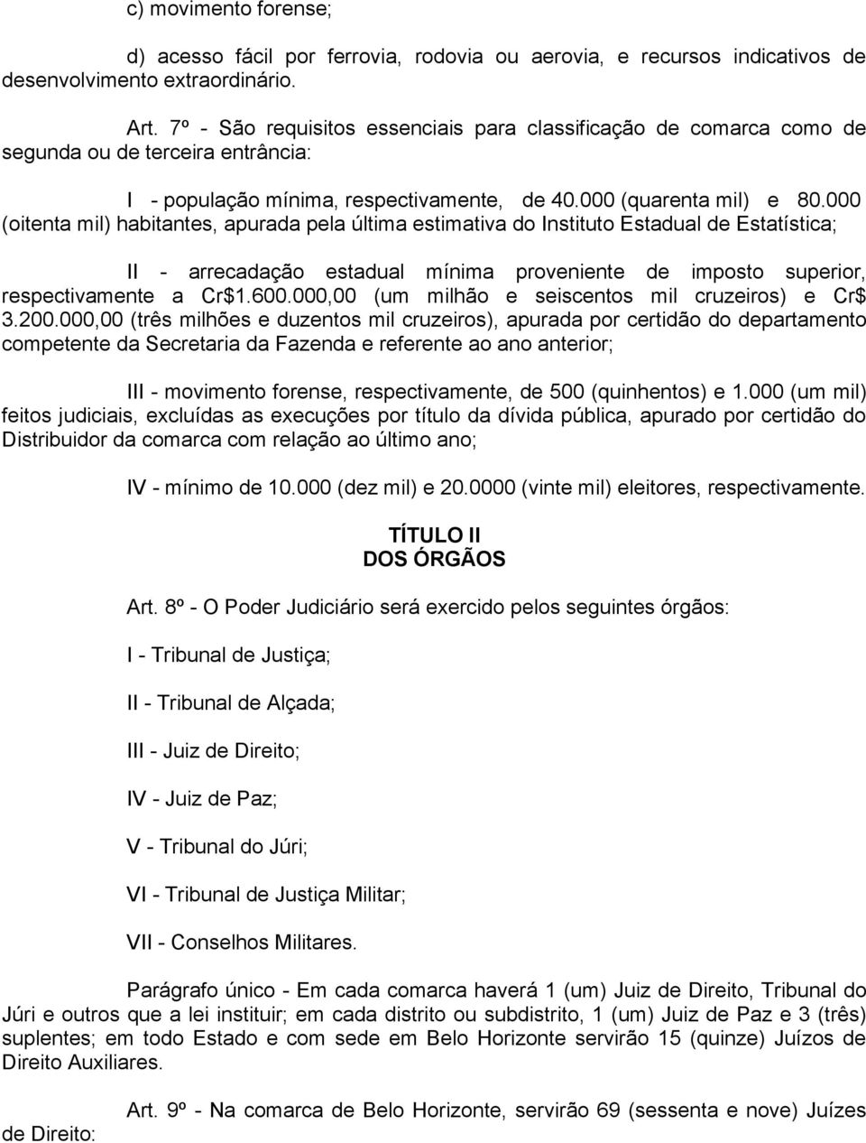 000 (oitenta mil) habitantes, apurada pela última estimativa do Instituto Estadual de Estatística; II - arrecadação estadual mínima proveniente de imposto superior, respectivamente a Cr$1.600.