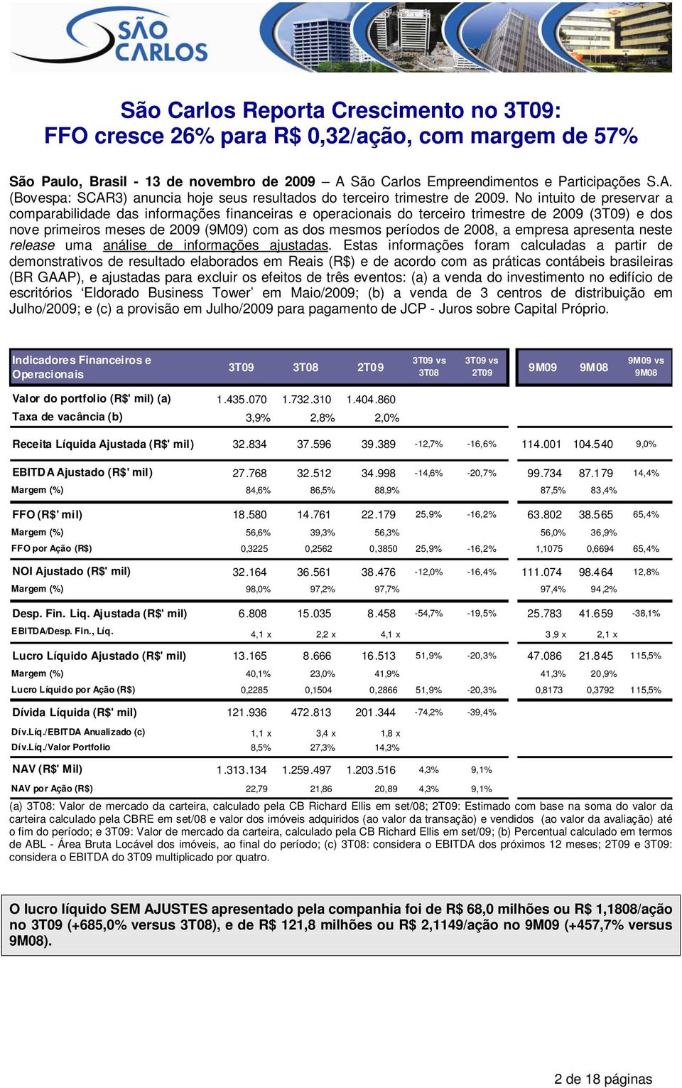 No intuito de preservar a comparabilidade das informações financeiras e operacionais do terceiro trimestre de 2009 (3T09) e dos nove primeiros meses de 2009 (9M09) com as dos mesmos períodos de 2008,