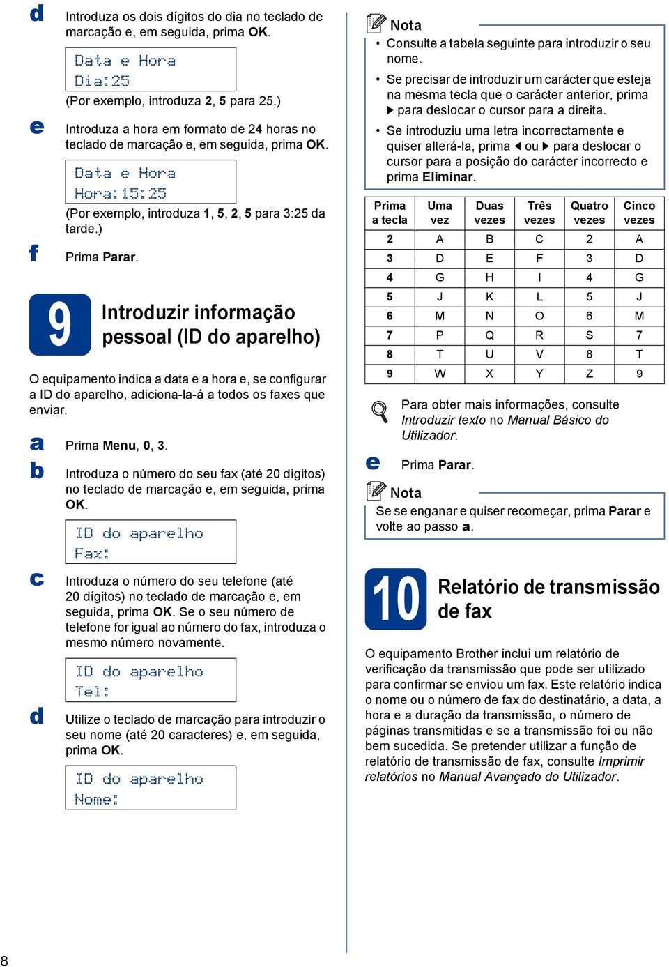 informção pessol (ID do prelho) O equipmento indi dt e hor e, se onfigurr ID do prelho, diion-l-á todos os fxes que envir. Prim Menu, 0, 3.