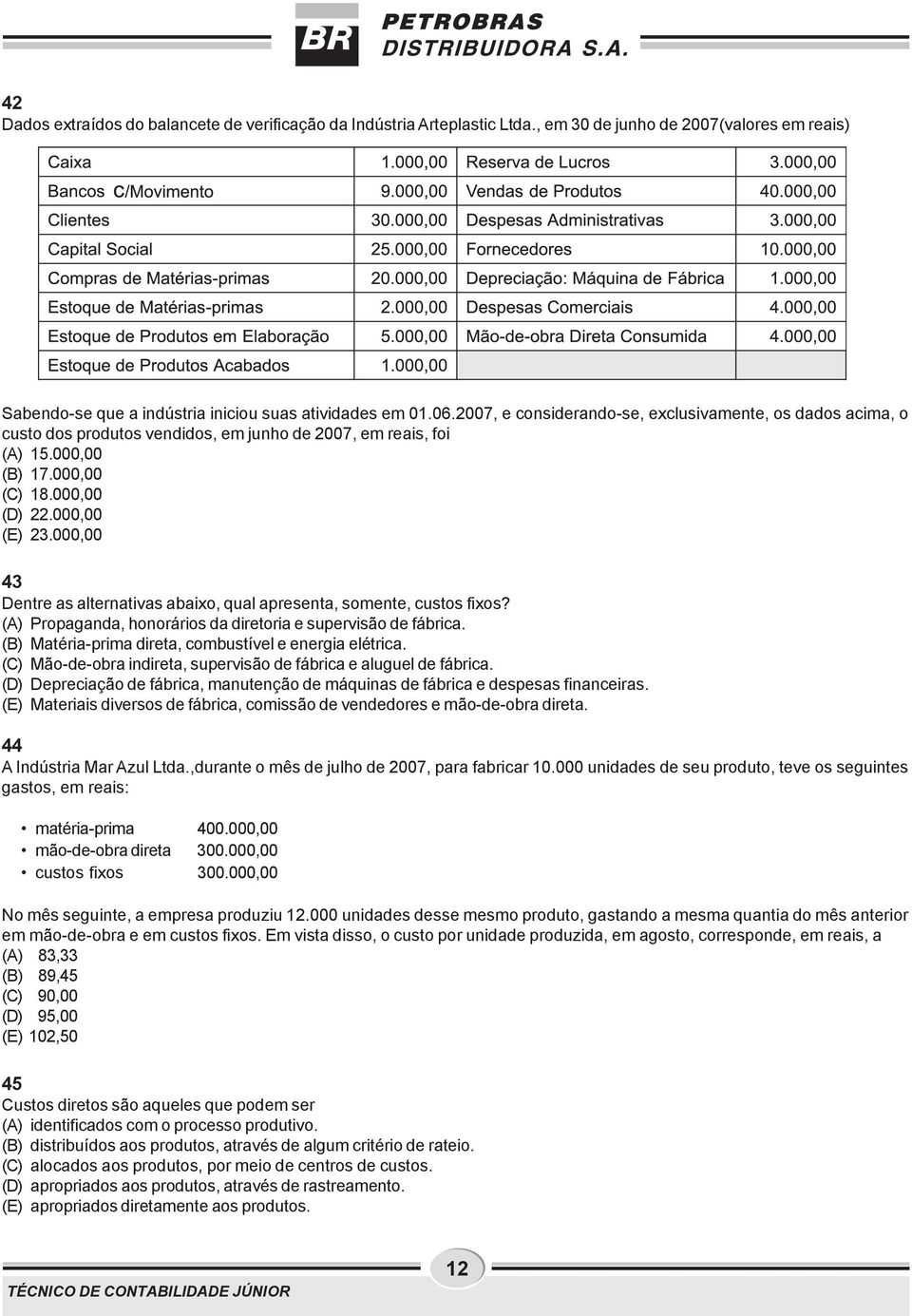 000,00 43 Dentre as alternativas abaixo, qual apresenta, somente, custos fixos? (A) Propaganda, honorários da diretoria e supervisão de fábrica.