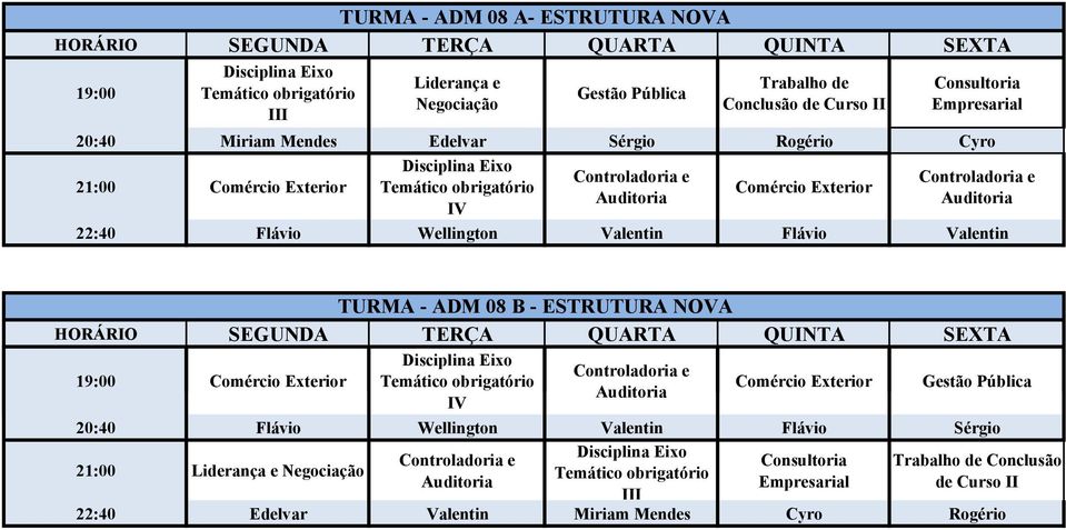 TURMA - ADM 08 B - ESTRUTURA NOVA Comércio Exterior Temático obrigatório IV Controladoria e Auditoria Comércio Exterior Gestão Pública 20:40 Flávio Wellington Valentin Flávio Sérgio