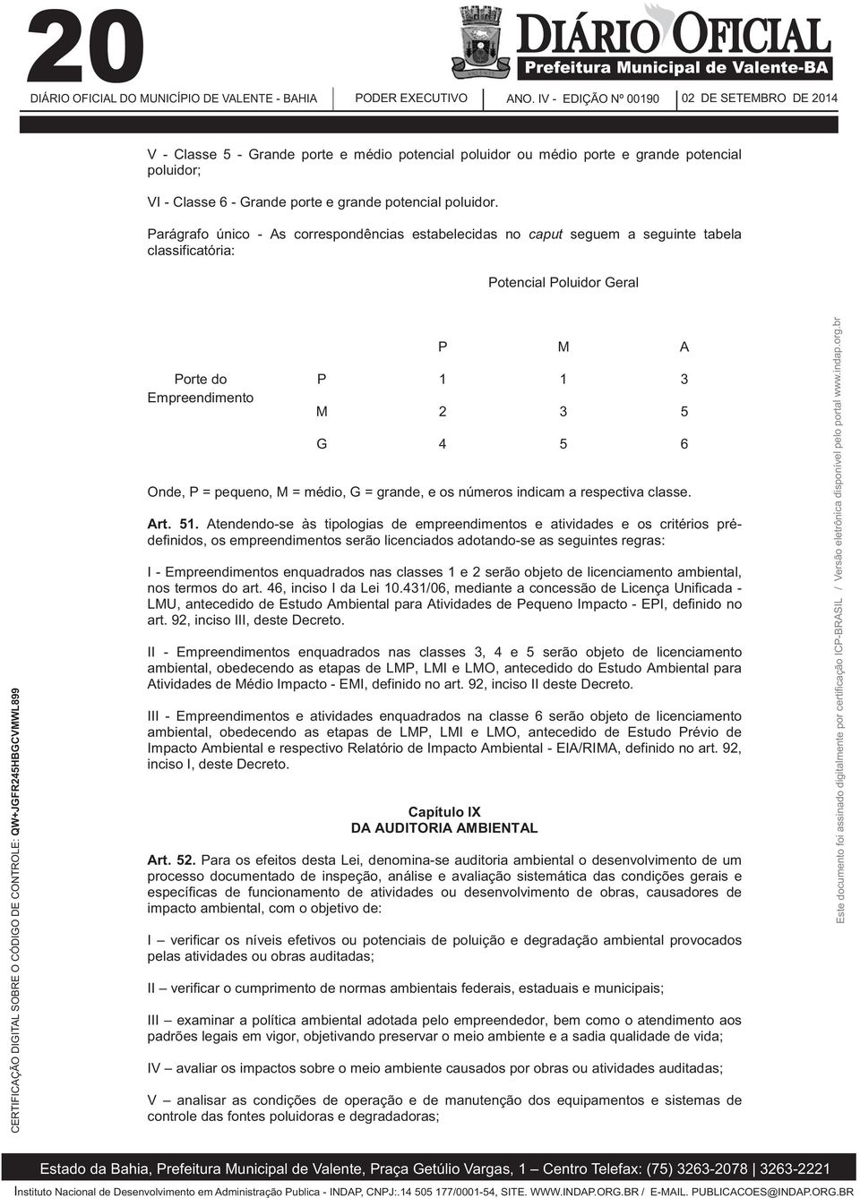 Parágrafo único - As correspondências estabelecidas no caput seguem a seguinte tabela classificatória: Potencial Poluidor Geral P M A Porte do Empreendimento P 1 1 3 M 2 3 5 G 4 5 6 Onde, P =