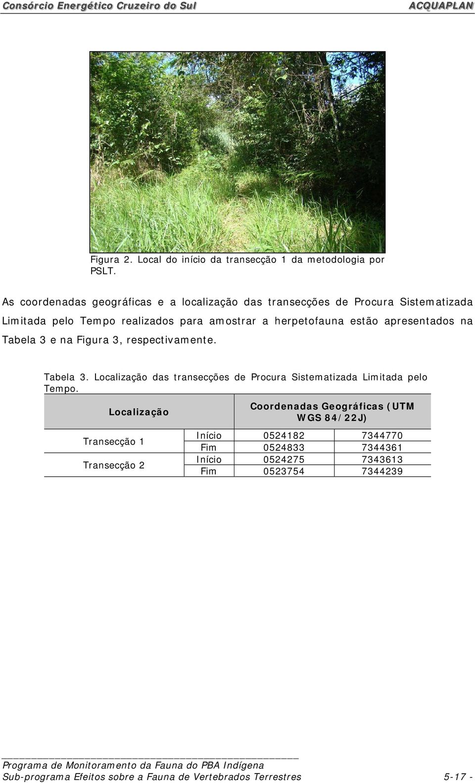 estão apresentados na Tabela 3 e na Figura 3, respectivamente. Tabela 3. Localização das transecções de Procura Sistematizada Limitada pelo Tempo.