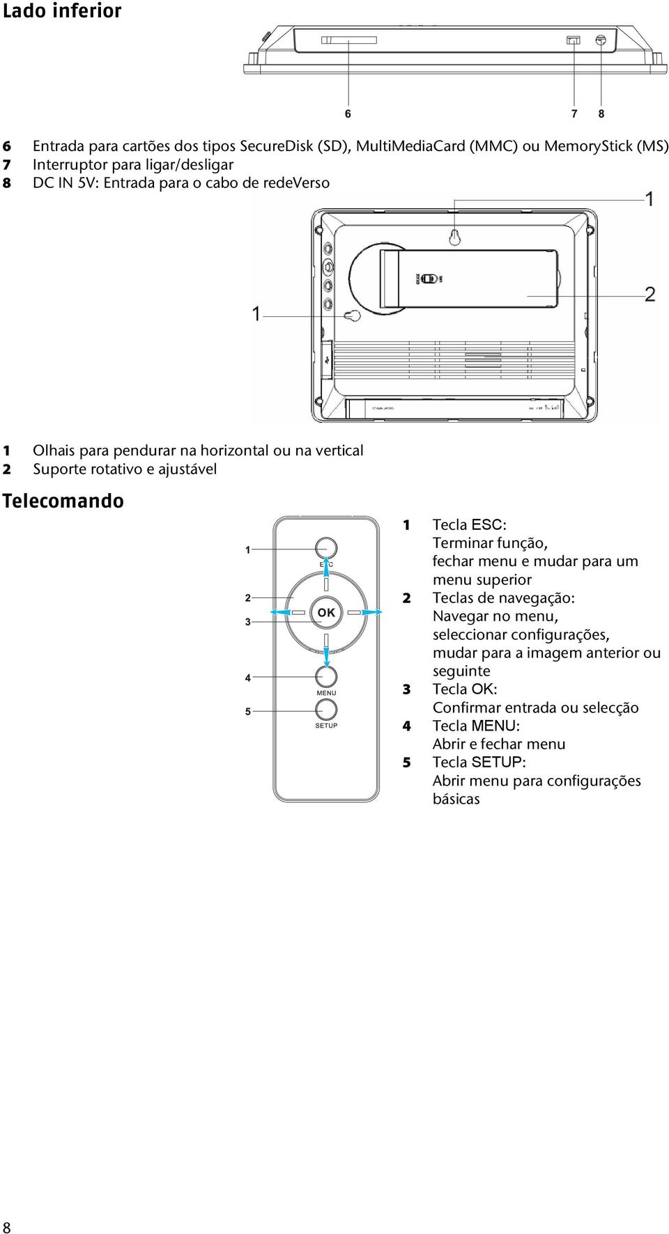 Terminar função, fechar menu e mudar para um menu superior 2 Teclas de navegação: Navegar no menu, seleccionar configurações, mudar para a imagem