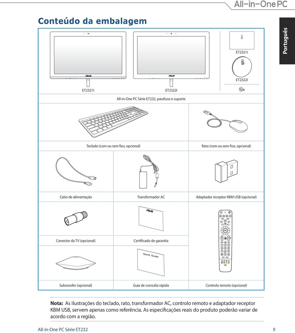 garantia Quick Guide 1 4 7 2 5 8 3 6 9 0 # Subwoofer (opcional) Guia de consulta rápida Controlo remoto (opcional) Nota: As ilustrações do teclado, rato, transformador AC,