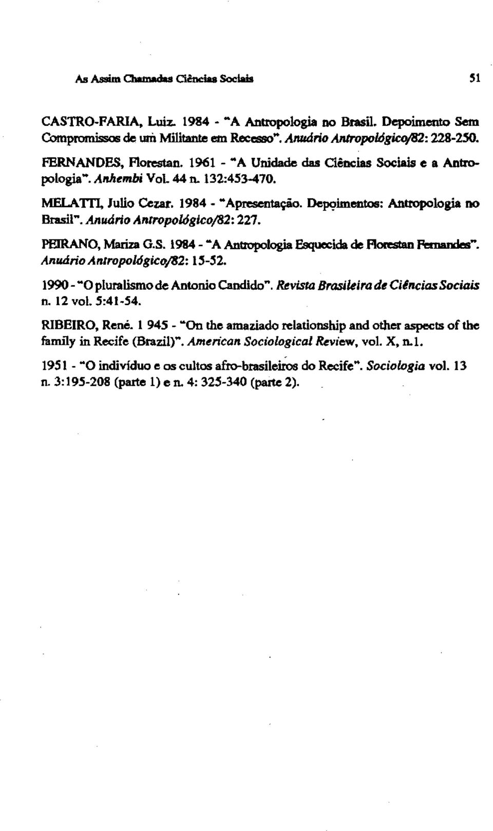 Anuário Anlropo/Dgicoj82: 227. PEIRANO, Mariza G.S. 1984- "A Antropologia Esquecida de florestan Fernandes". Anuário Anlropol6gico;B2: IS-52. 1990- o pluralismo de Antonio Candido.