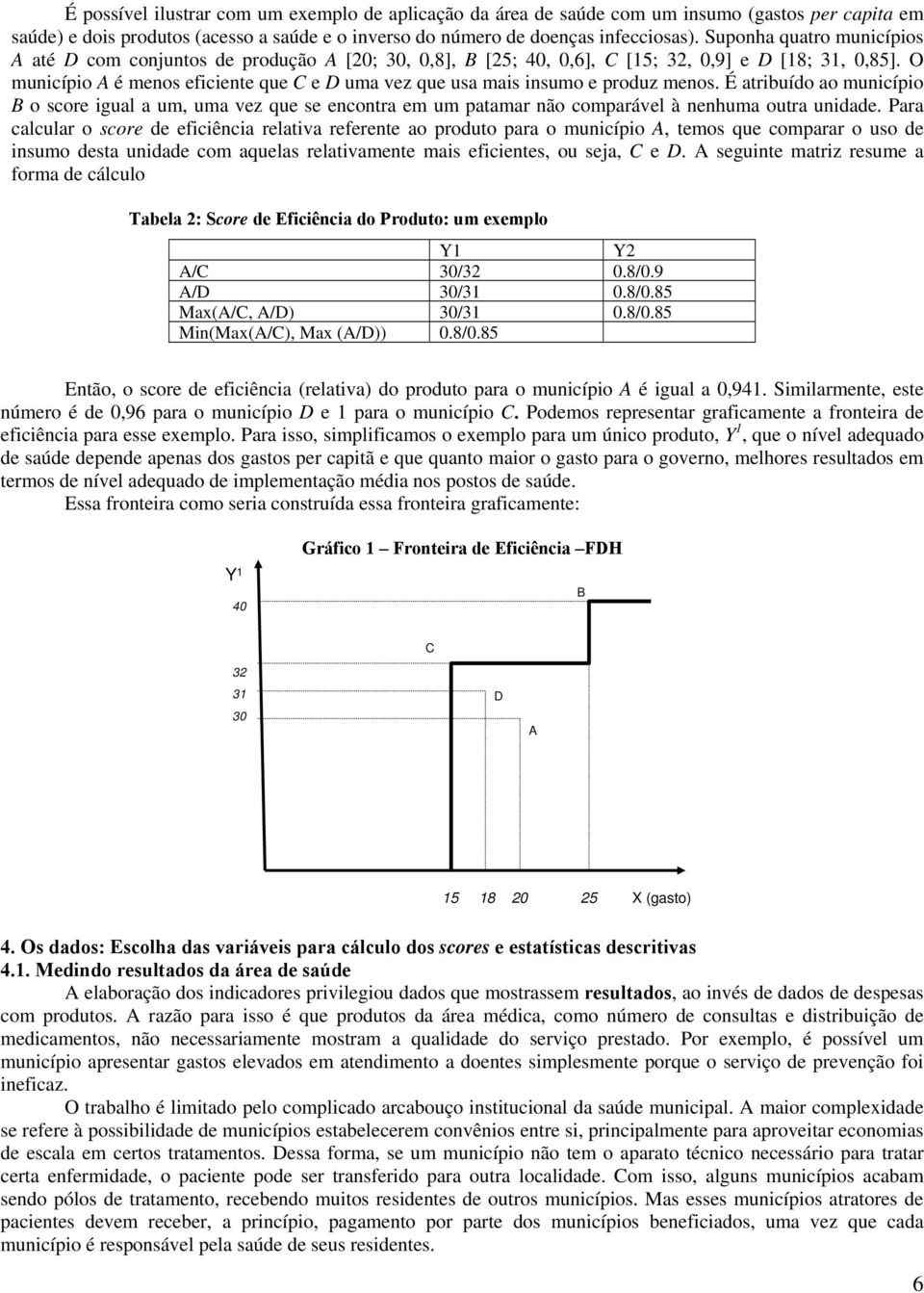 O muncípo A é menos efcente que C e D uma vez que usa mas nsumo e produz menos. É atrbuído ao muncípo B o score gual a um, uma vez que se encontra em um patamar não comparável à nenhuma outra undade.