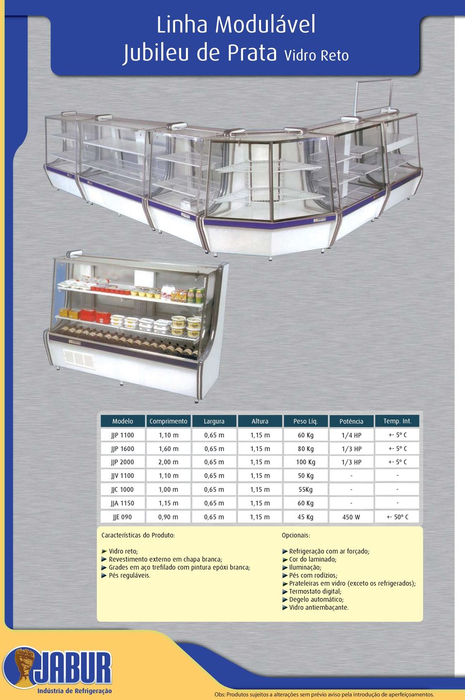 m 1,15 m 50 Kg - - JJC 1000 1,00 m 0,65 m 1,15 m 55Kg - - JJA 1150 1,15 m 0,65 m 1,15 m 60 Kg - - JJE 090 0,90 m 0,65 m 1,15 m 45 Kg 450 W +- 50º C Vidro reto; Revestimento