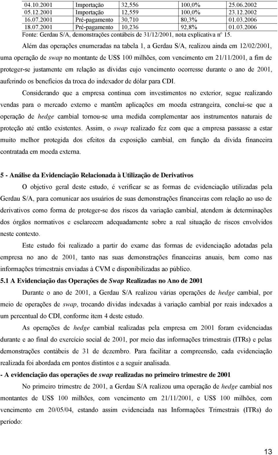 Além das operações enumeradas na tabela 1, a Gerdau S/A, realizou ainda em 12/02/2001, uma operação de swap no montante de US$ 100 milhões, com vencimento em 21/11/2001, a fim de proteger-se