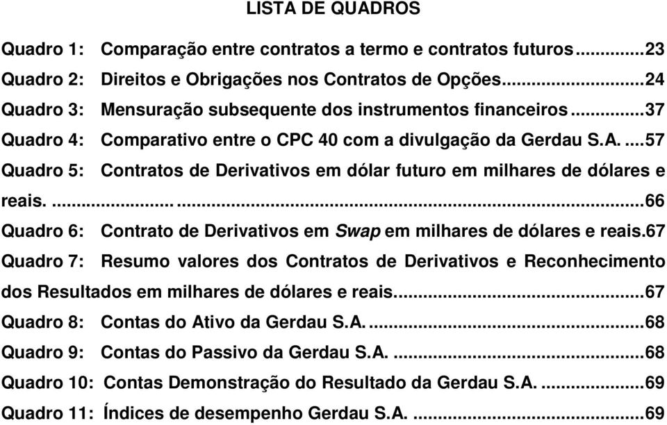 ... 57 Quadro 5: Contratos de Derivativos em dólar futuro em milhares de dólares e reais....... 66 Quadro 6: Contrato de Derivativos em Swap em milhares de dólares e reais.